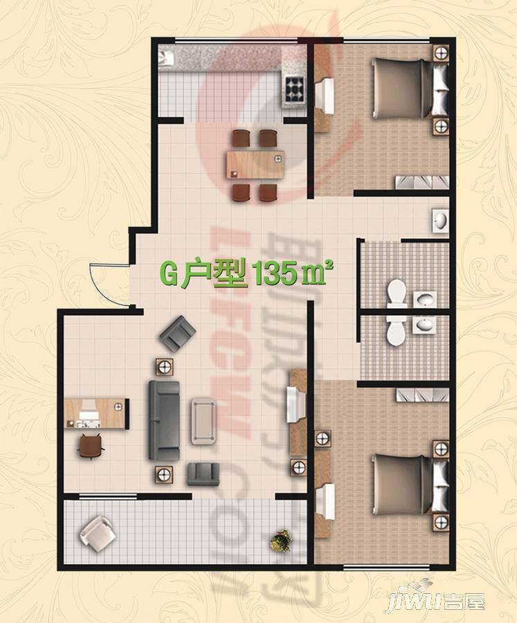 时代中通首府2室2厅2卫135㎡户型图