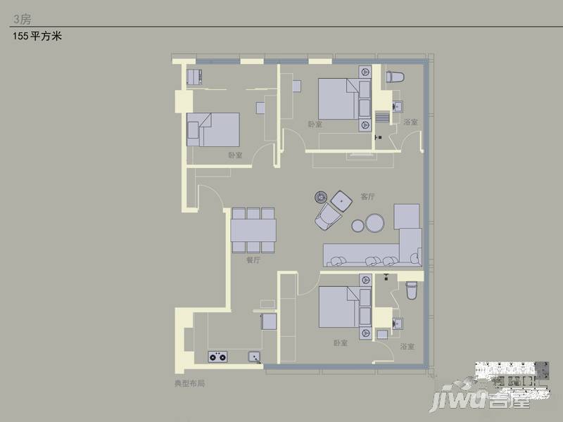 浦江意优3室2厅2卫155㎡户型图