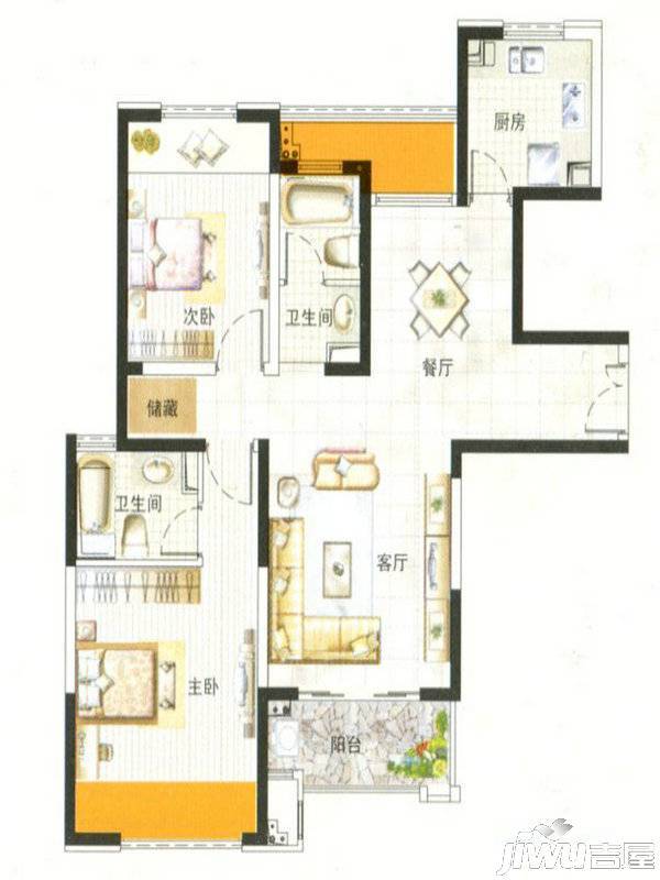 中环国际公寓三期2室2厅2卫102.2㎡户型图