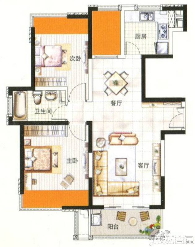 中环国际公寓三期2室2厅1卫88.8㎡户型图