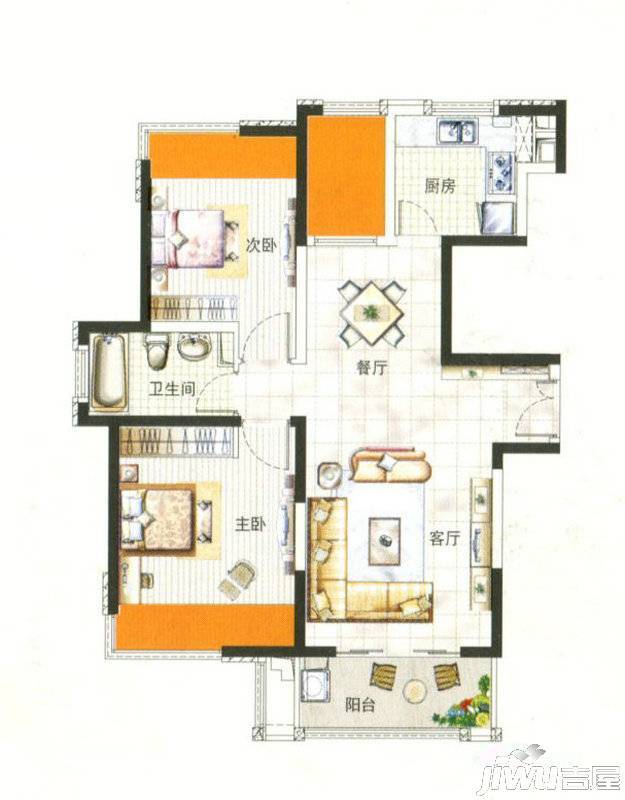中环国际公寓三期2室2厅1卫88.1㎡户型图