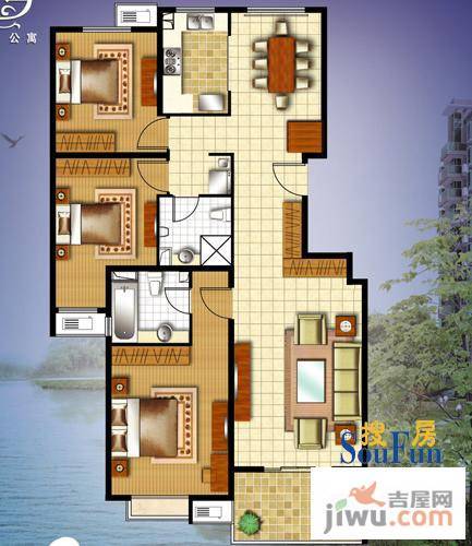 马陆清水湾公寓3室2厅2卫户型图