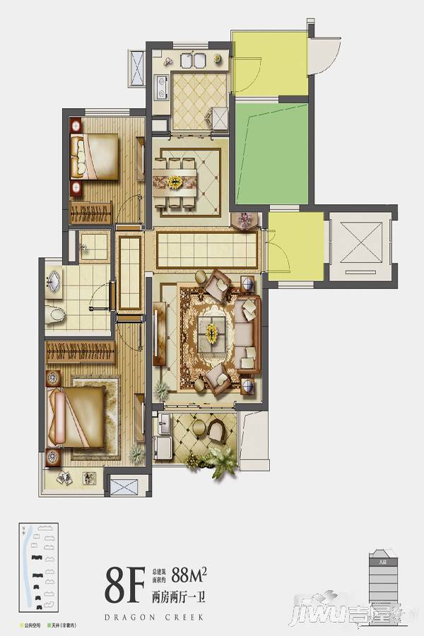 建发玖珑湾2室2厅1卫88㎡户型图