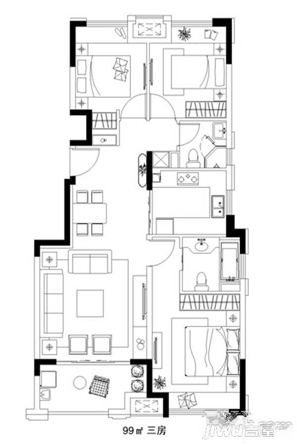 法兰西世家公寓3室2厅2卫100.9㎡户型图