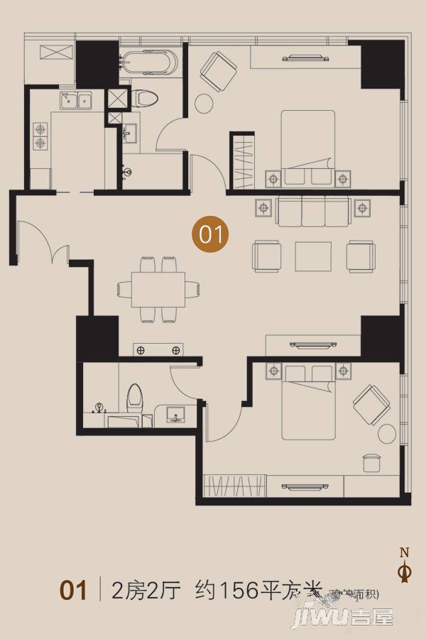 企业公馆2室2厅2卫156㎡户型图