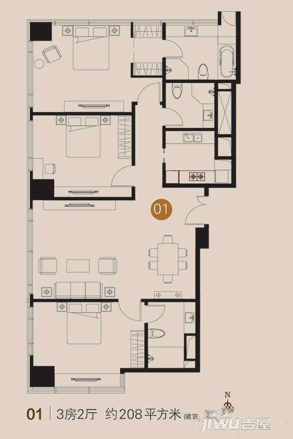 企业公馆3室2厅3卫208㎡户型图