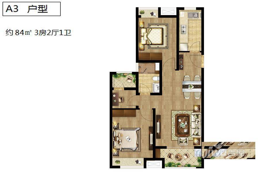 天健萃园3室2厅1卫84㎡户型图