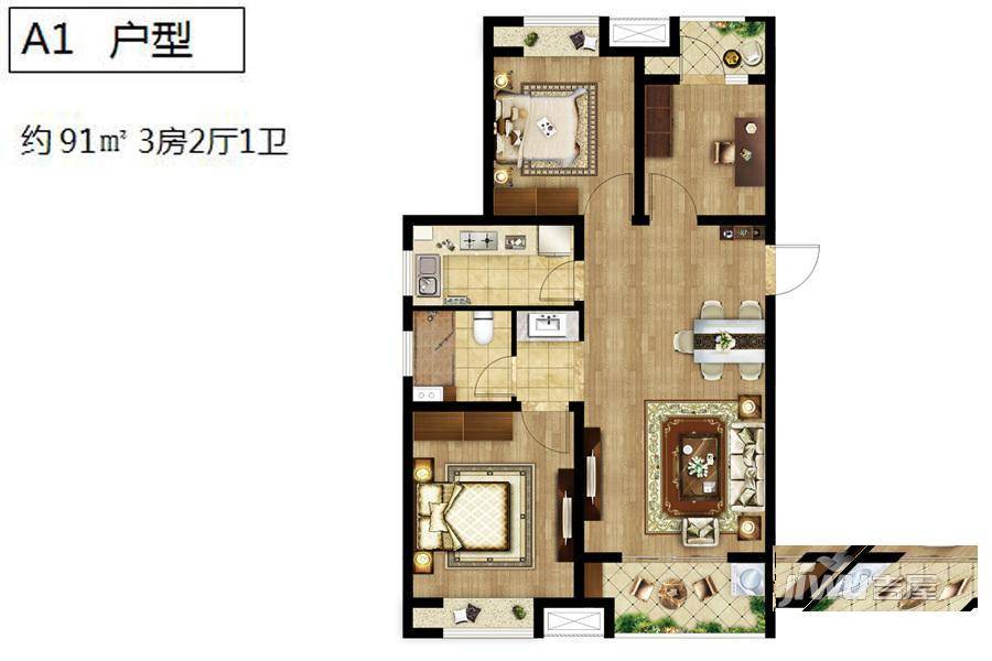 天健萃园3室2厅1卫91㎡户型图