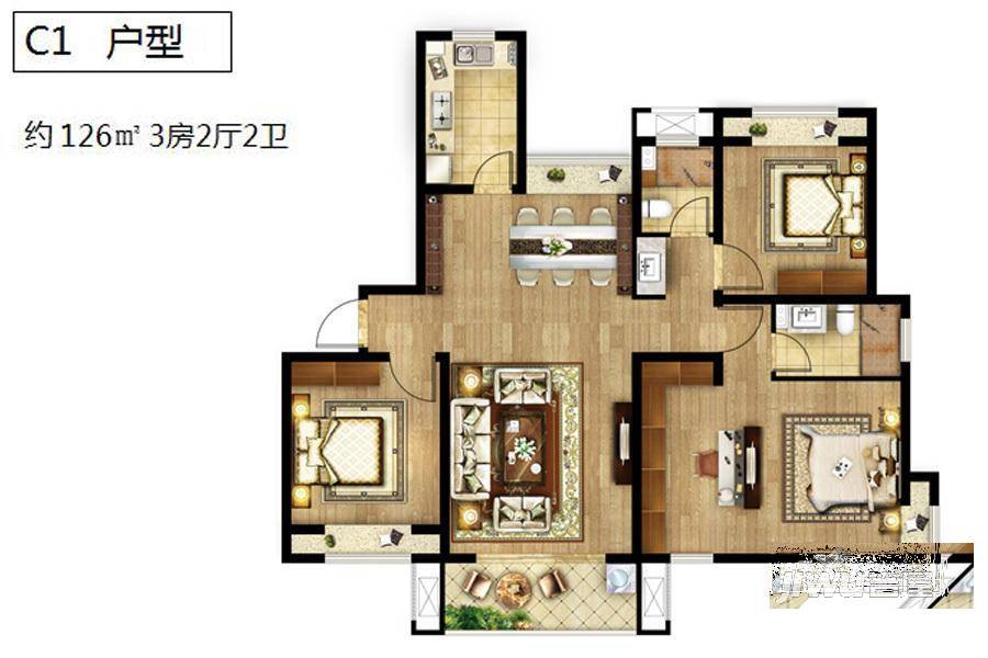 天健萃园3室2厅2卫126㎡户型图