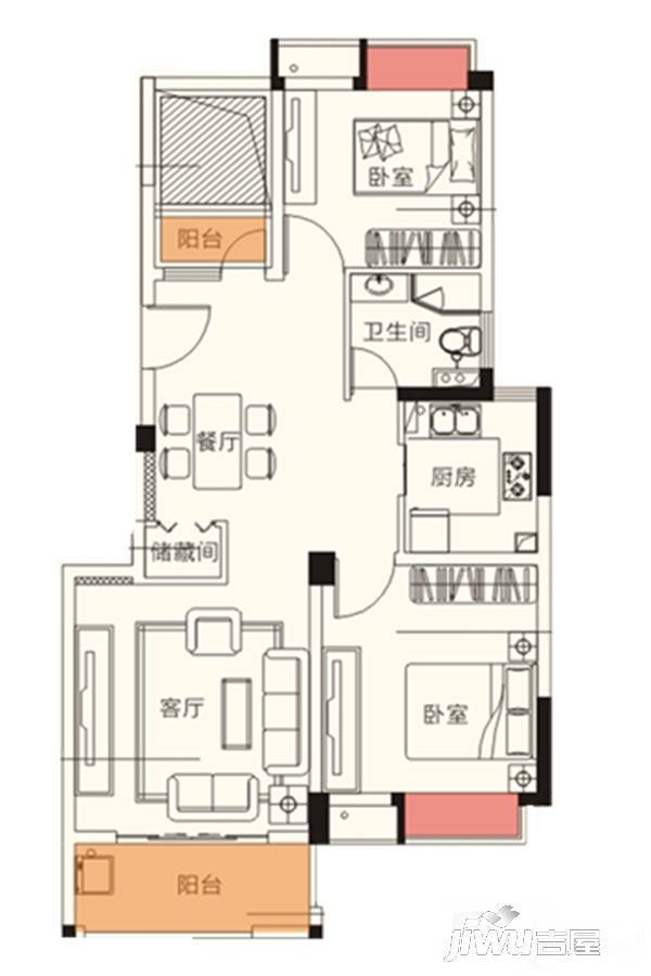 水榭兰亭2室2厅1卫89㎡户型图