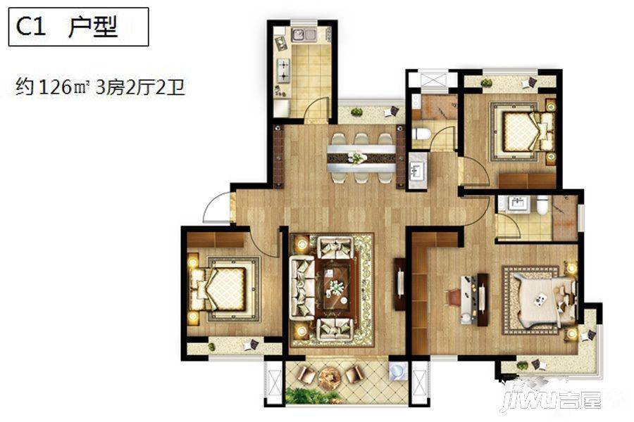 天健萃园3室2厅1卫126㎡户型图