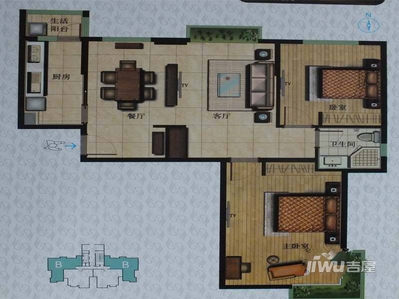 秀水蓝天2室2厅1卫110㎡户型图