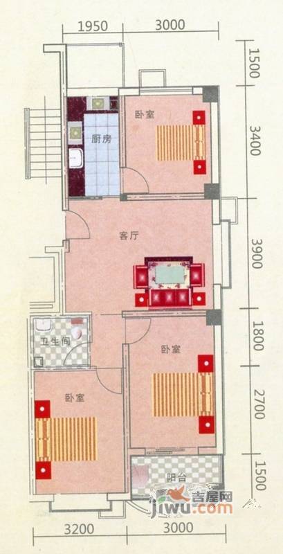 馨馨家园3室1厅1卫93㎡户型图