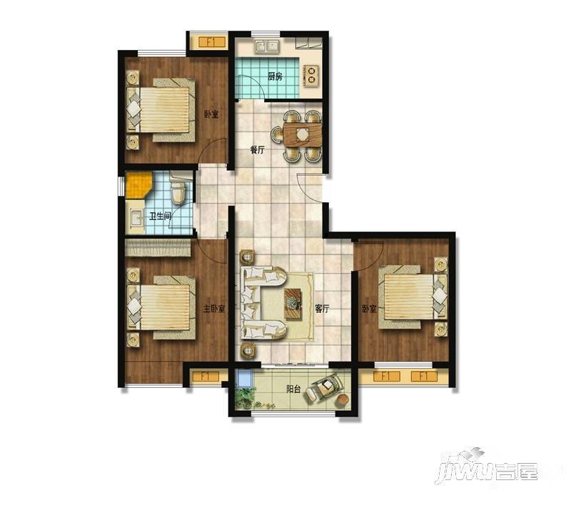 昊和沁园八期3室2厅1卫105㎡户型图