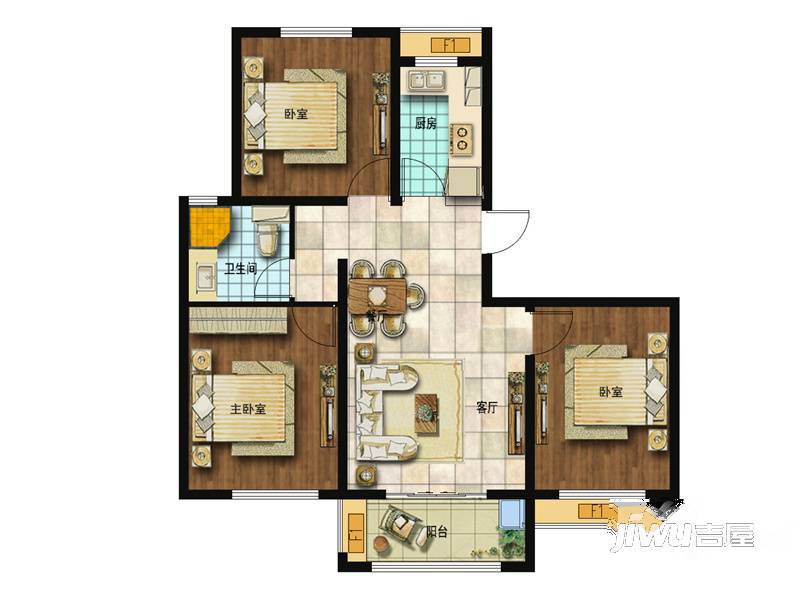 昊和沁园八期3室2厅1卫105㎡户型图