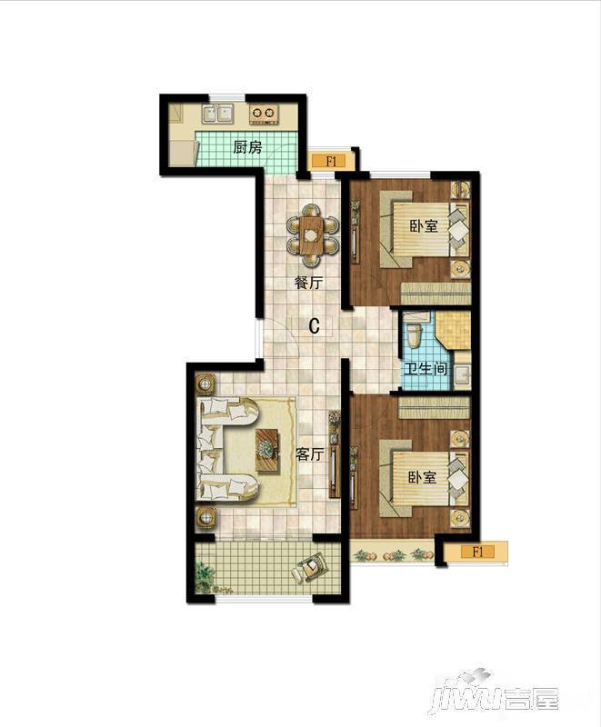 昊和御金院2室2厅1卫90㎡户型图