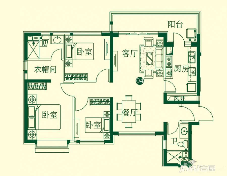 恒大城一期3室2厅2卫126.1㎡户型图