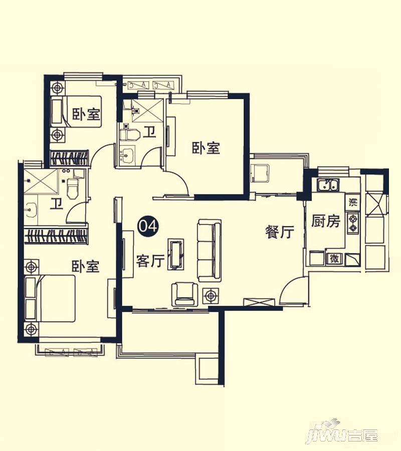 恒大城一期3室2厅2卫130.6㎡户型图