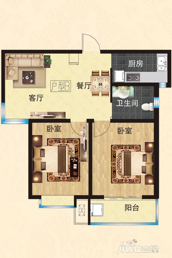 在水一方2室2厅1卫86.3㎡户型图