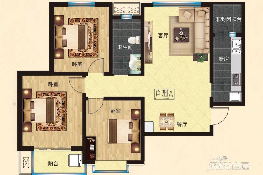 在水一方3室2厅1卫116.5㎡户型图