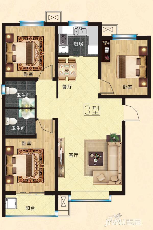 在水一方3室2厅2卫117.3㎡户型图