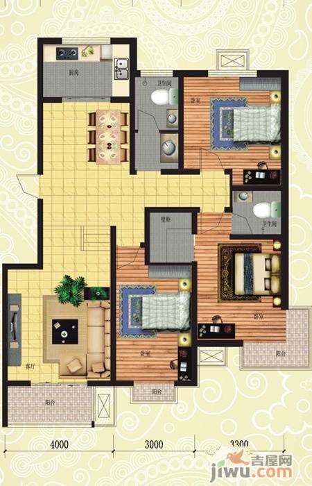 在水一方3室2厅2卫131.2㎡户型图