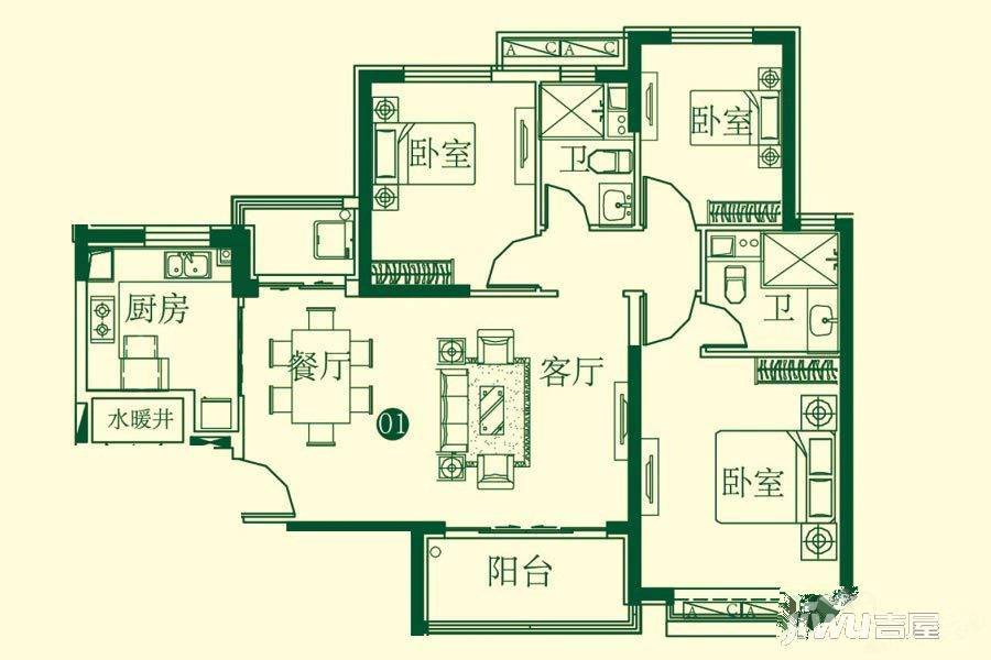 恒大城一期3室2厅2卫133.4㎡户型图