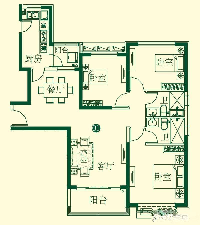 恒大城一期3室2厅2卫145.2㎡户型图
