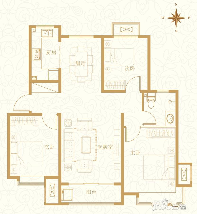 天正四季花城3室2厅1卫98.9㎡户型图