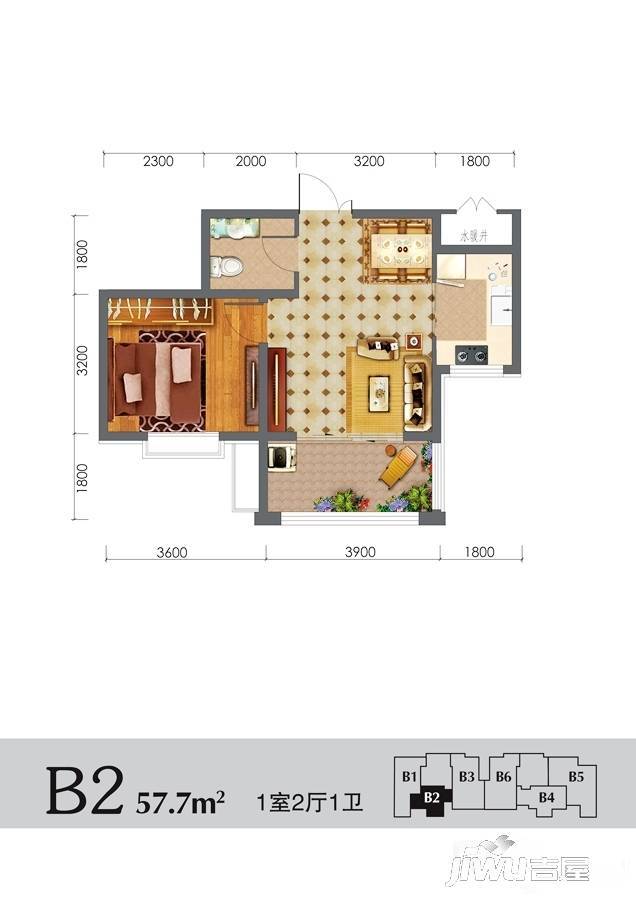 兴逸城1室2厅1卫57.7㎡户型图