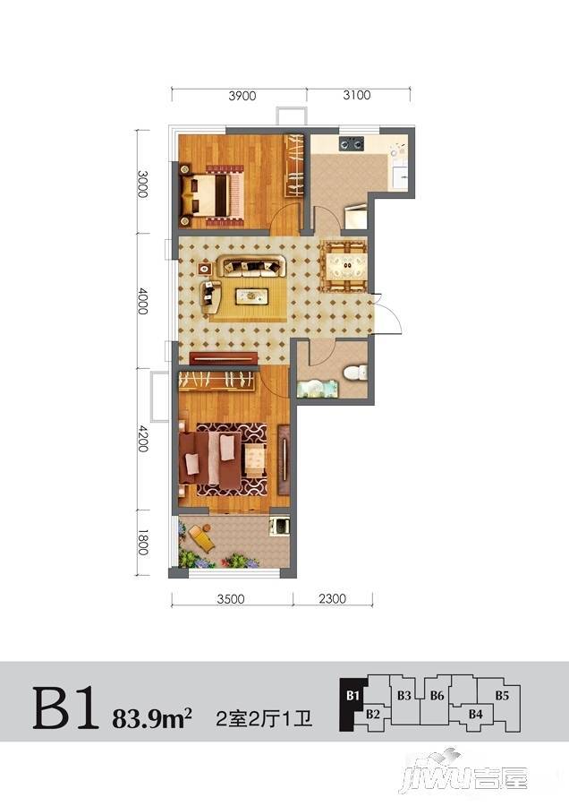 兴逸城2室2厅1卫83.9㎡户型图