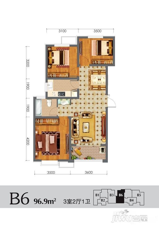 兴逸城3室2厅1卫96.9㎡户型图