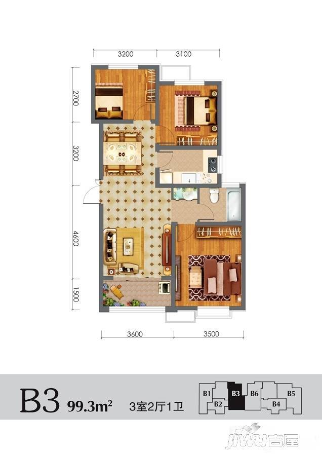 兴逸城3室2厅1卫99.3㎡户型图