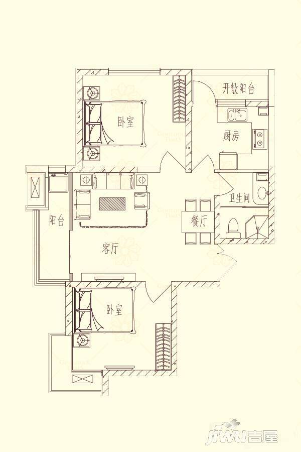 时代广场一期2室2厅1卫75.2㎡户型图