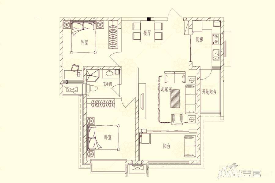 时代广场一期2室2厅1卫100㎡户型图