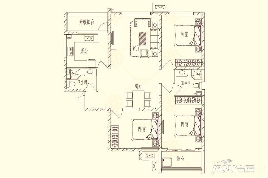 时代广场一期3室2厅2卫124.7㎡户型图