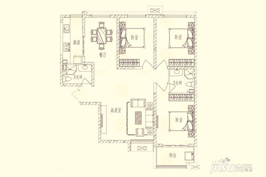 时代广场一期3室2厅2卫131.3㎡户型图