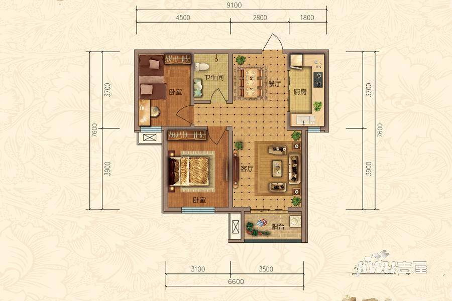 北斗星城雅园2室2厅1卫81.2㎡户型图