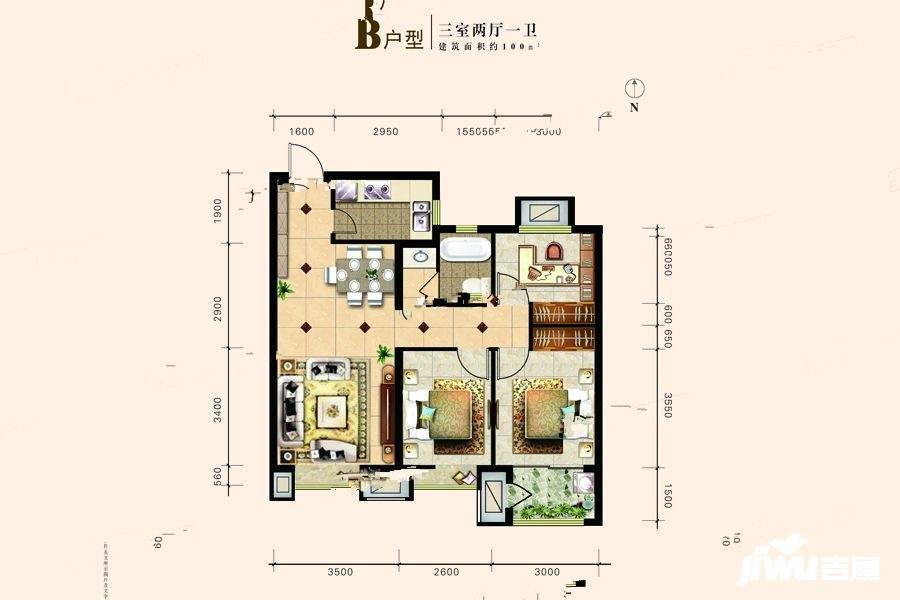 胜茂雍景湾3室2厅1卫100㎡户型图