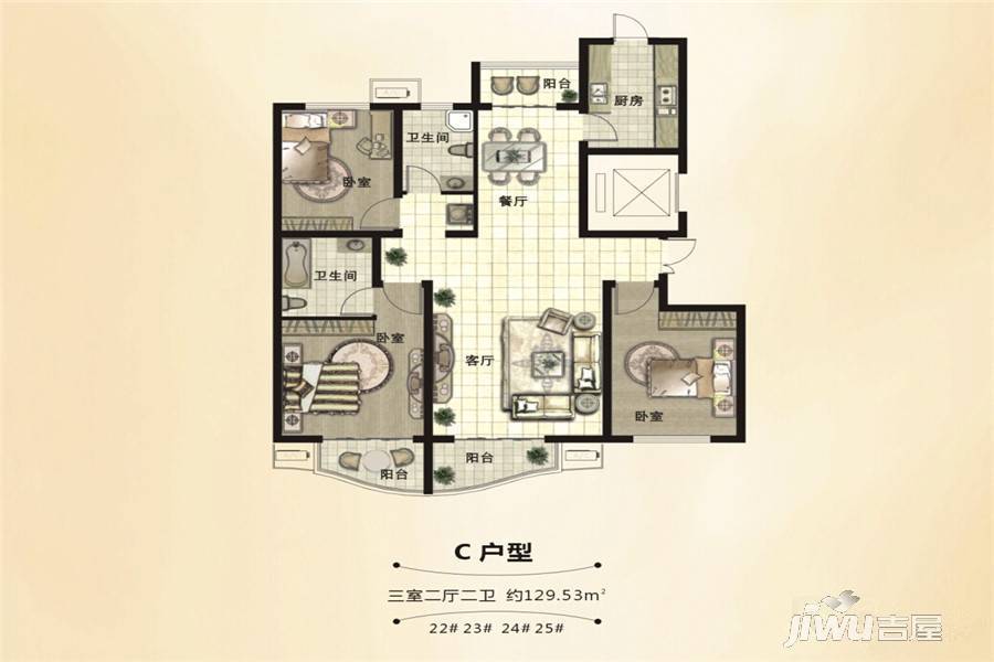 汇邦SOHO现代城3室2厅2卫129.5㎡户型图