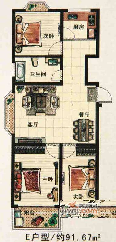 蔚蓝海岸3室2厅1卫101.6㎡户型图