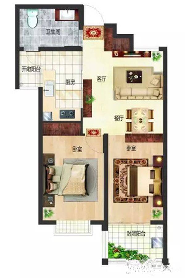 紫钰花园2室2厅1卫80.2㎡户型图