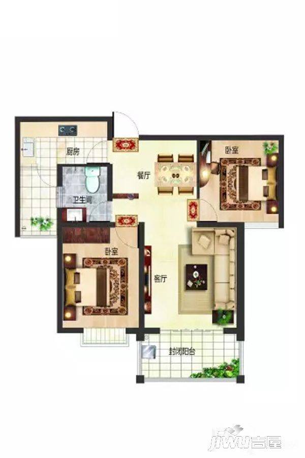 紫钰花园2室2厅1卫82.9㎡户型图