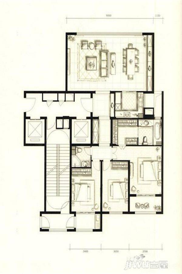 万科时代中心商铺3室2厅2卫155㎡户型图