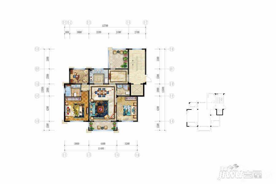 华鸿万象公馆3室2厅2卫95.4㎡户型图