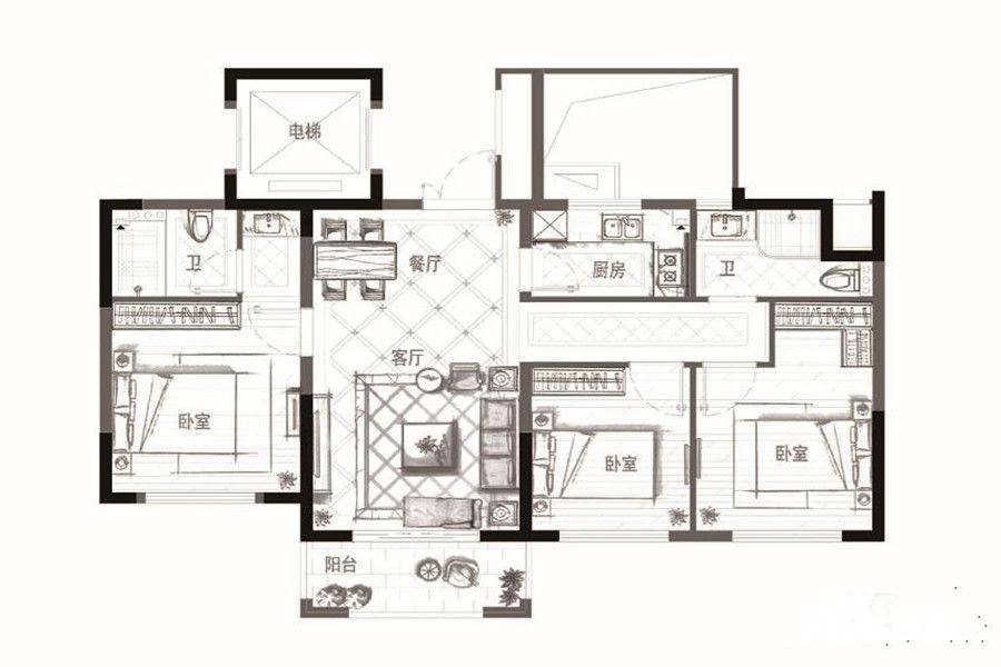 德信碧桂园玖号院3室2厅2卫89㎡户型图