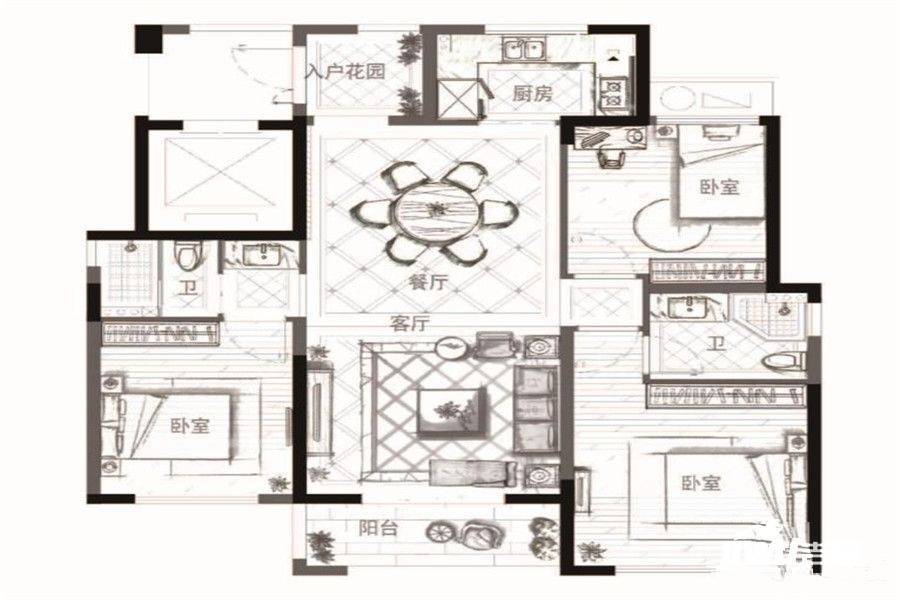 德信碧桂园玖号院3室2厅2卫108㎡户型图