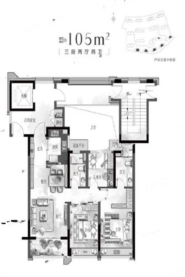 万科碧桂园阳光城理想之城3室2厅2卫105㎡户型图