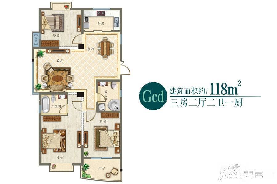 花语湖3室2厅2卫118㎡户型图