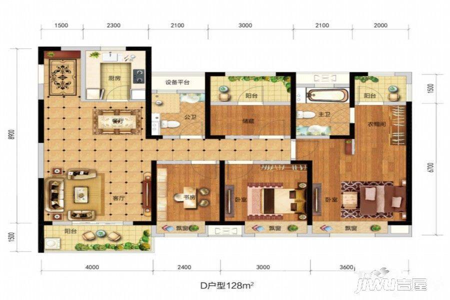 新西塘孔雀城香溪4室2厅2卫128㎡户型图